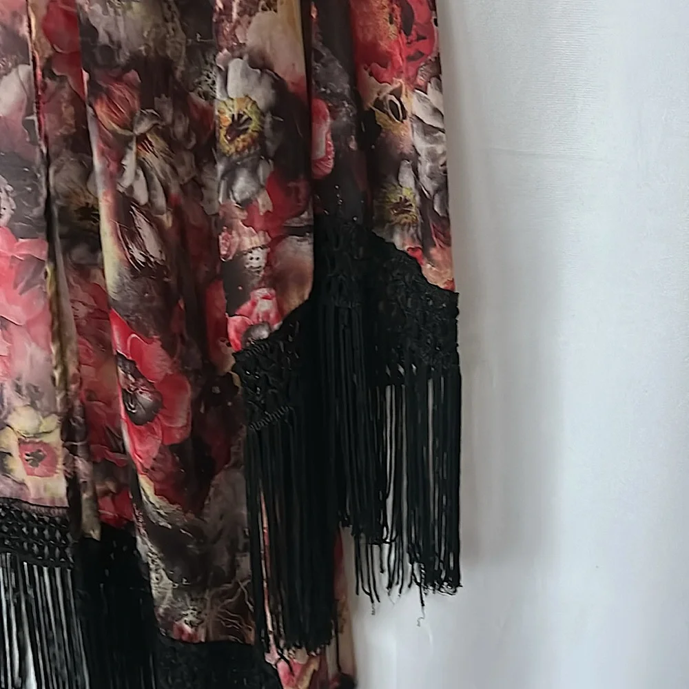 Sans Souci Beautiful Floral 3/4 Sleeve Fringed Kimono Shirt Top **Size S** 🌺🌺 - Picture 3 of 5